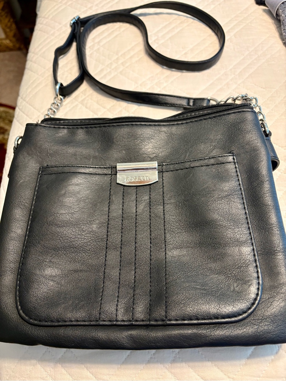 Rosetti Black Leather Crossbody with Front Slip Pocket 9”x9”x2.5”